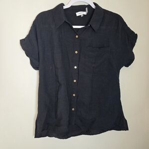 Calvin Klein Black Linen Blend Short Sleeve Button Up